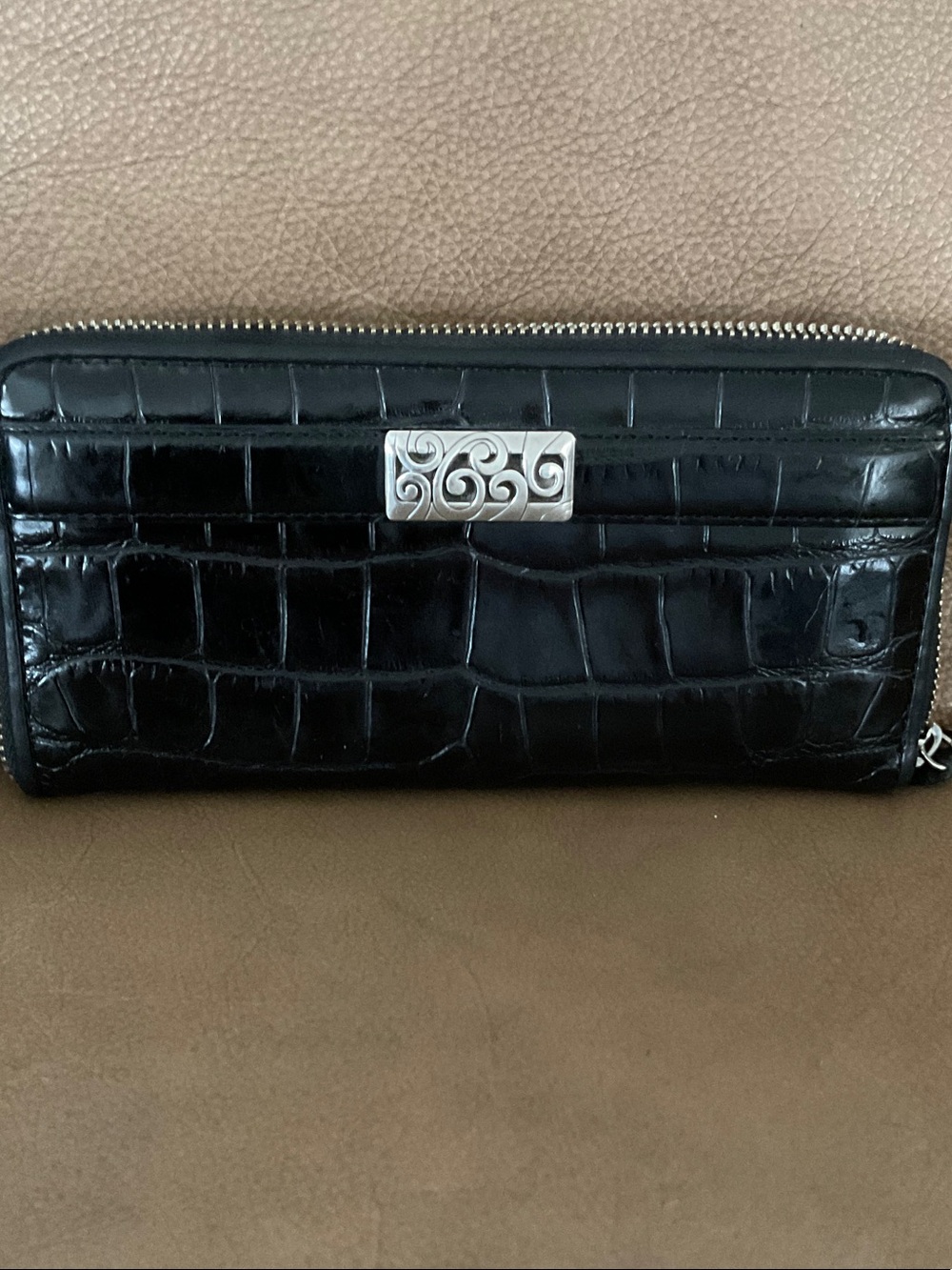 Brighton Black Croc-Embossed Zip Wallet with Silver Accent